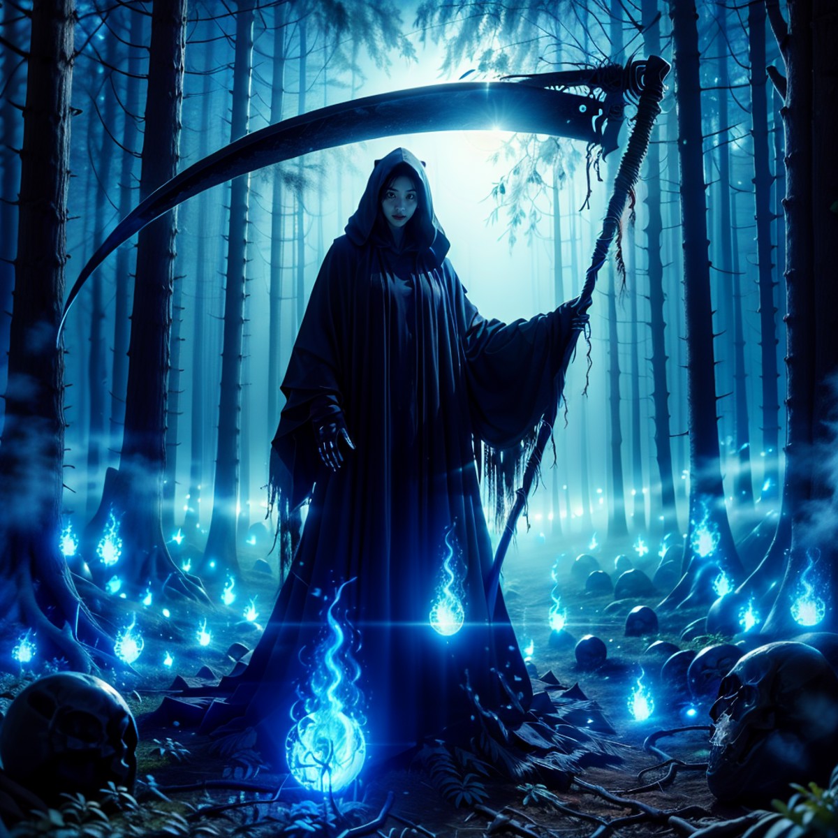 1girl,huge sickle,the great scythe of death,blue flame,blue fireball,death,<lora:10æ­»ç¥:1>,